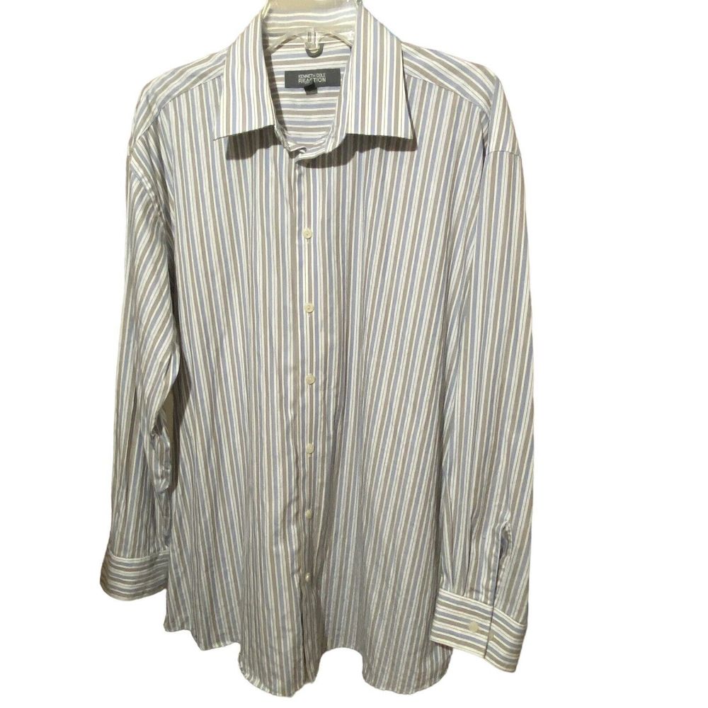 Kenneth Cole Reaction Striped Button Up Cotton Shirt Wrinkle Free L 16.5 32-33